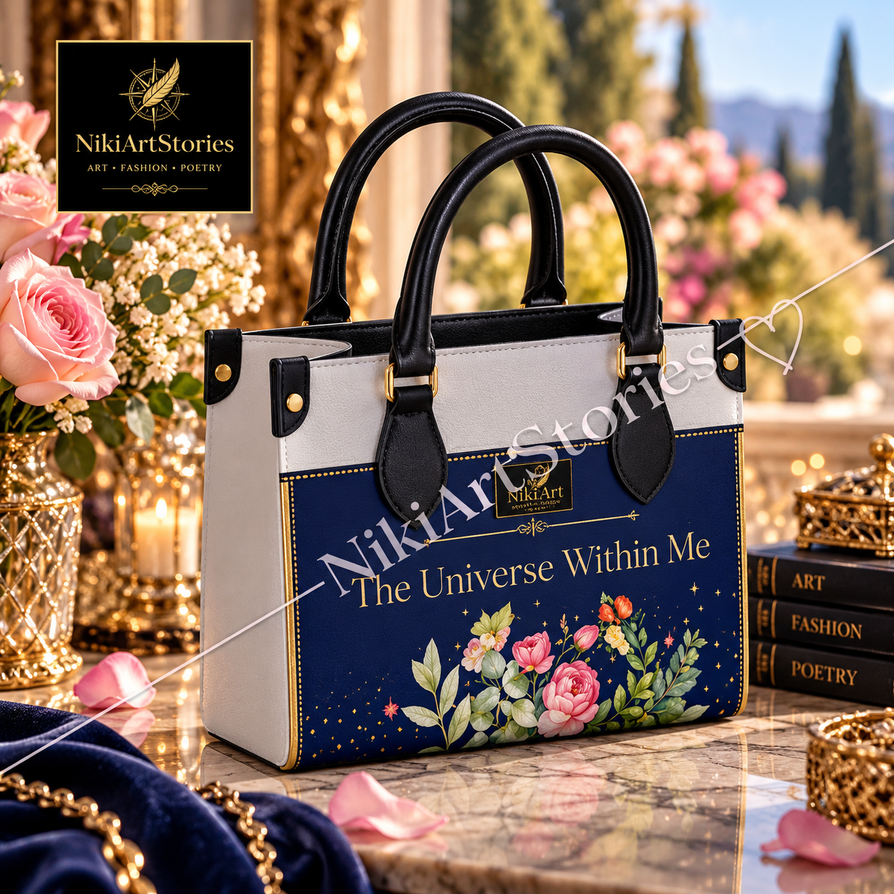 NikiArtStories – Royal Blue & Gold Floral Handbag | Wearable Art