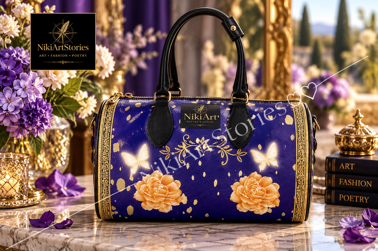 NikiArtStories – Royal Blue & Gold Floral Handbag | Wearable Art
