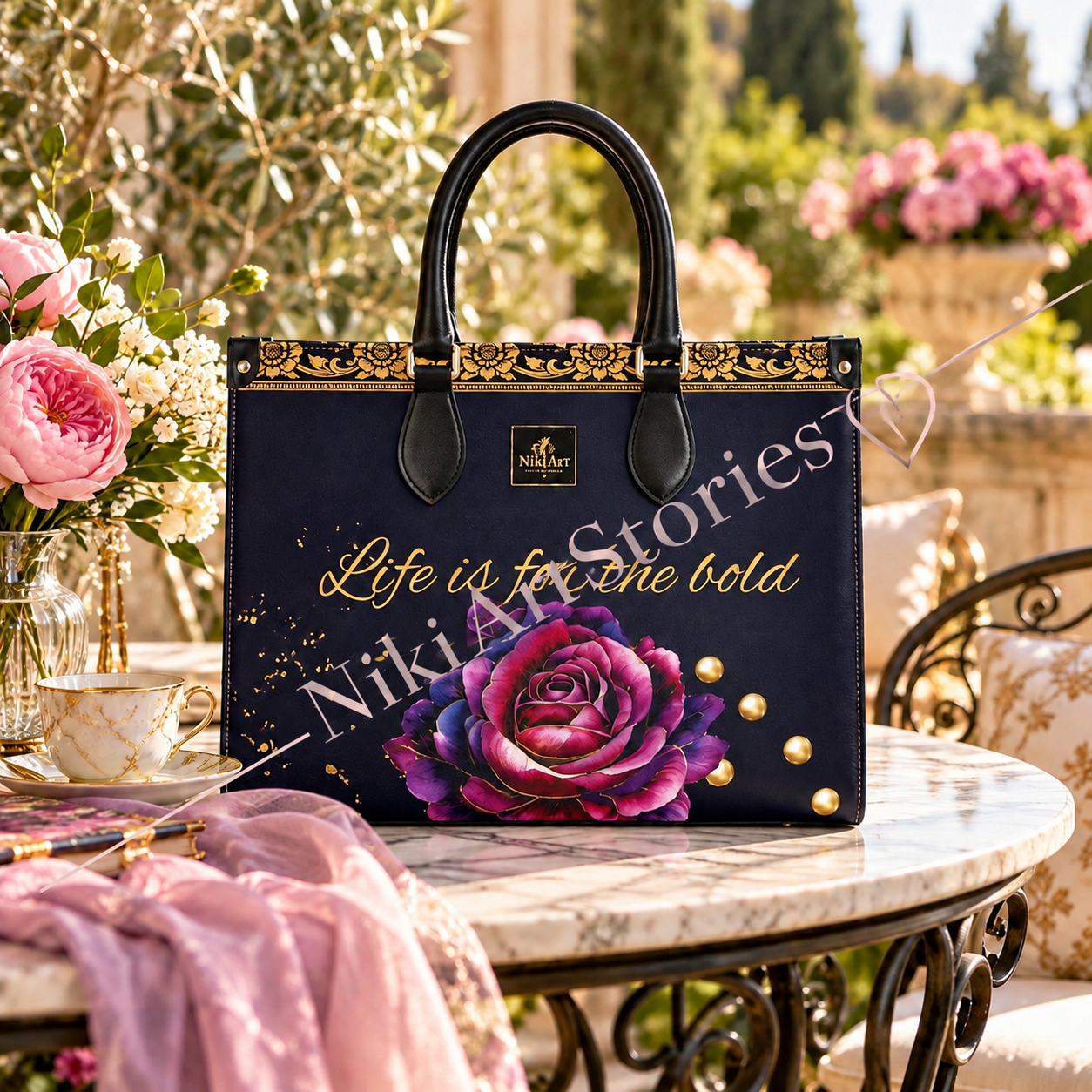 NikiArtStories – Royal Blue & Gold Floral Handbag | Wearable Art
