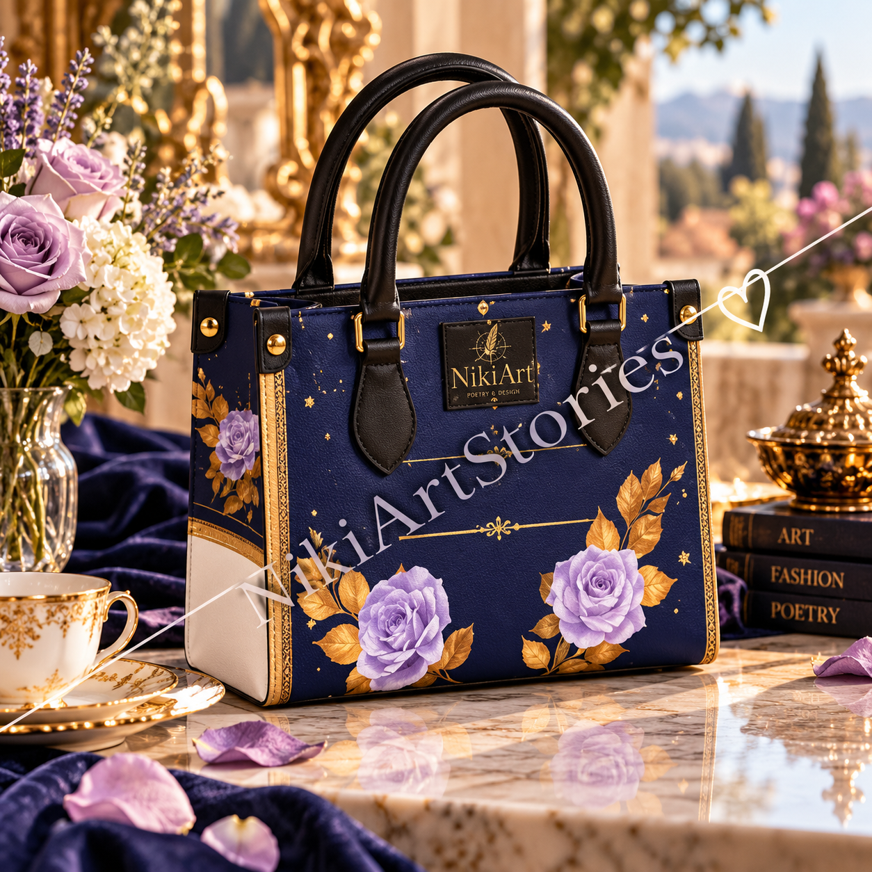 NikiArtStories – Royal Blue & Gold Floral Handbag | Wearable Art