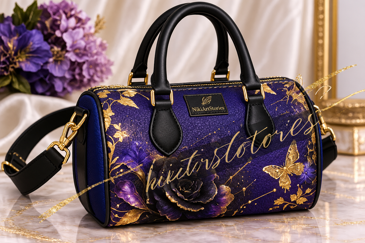 NikiArtStories – Royal Blue & Gold Floral Handbag | Wearable Art